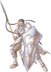 Rule 34 | 1boy, armor, armored boots, boots, facial hair, fire emblem, fire emblem: radiant dawn, full body, gauntlets, gloves, grey hair, highres, kita senri, lance, male focus, mustache, nintendo, polearm, simple background, solo, tauroneo, weapon, white background