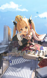 Rule 34 | 1girl, absurdres, aircraft, bat wings, black eyes, blonde hair, blue sky, building, cape, city, cloud, crosswalk, crown, day, demon girl, detached sleeves, dress, fang, futaba anzu, giant, giantess, head rest, head wings, helicopter, highres, idolmaster, idolmaster cinderella girls, long hair, meisa, open mouth, outdoors, pantyhose, pointy ears, puffy detached sleeves, puffy sleeves, sitting, skin fang, sky, smile, solo, striped clothes, striped pantyhose, twintails, vertical-striped clothes, vertical-striped pantyhose, very long hair, wings