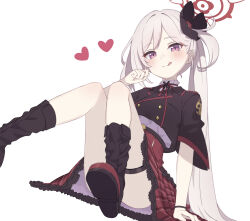 Rule 34 | 1girl, absurdres, ass, black footwear, black scrunchie, black shirt, blue archive, blush, boots, closed mouth, grey hair, hair ornament, hair scrunchie, halo, heart, highres, long hair, looking at viewer, mutsuki (blue archive), purple eyes, red halo, red skirt, ruiyuzawa, scrunchie, shirt, short sleeves, side ponytail, simple background, skirt, smile, solo, thigh strap, tongue, tongue out, white background