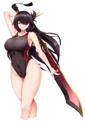 Rule 34 | 1girl, armpits, bare shoulders, beidou (genshin impact), black hair, blush, breasts, claymore (sword), collarbone, competition swimsuit, earrings, eyepatch, genshin impact, greatsword, hair ornament, hair over one eye, hairpin, highleg, highleg swimsuit, highres, holding, holding sword, holding weapon, huge weapon, jewelry, large breasts, long hair, looking at viewer, masaki nanaya, one-piece swimsuit, parted lips, red eyes, smile, solo, swimsuit, sword, thighs, two-tone swimsuit, weapon