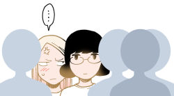 Rule 34 | ..., 2girls, anger vein, black hair, blonde hair, blush, closed mouth, commentary request, glasses, kishi torajirou, looking at another, looking to the side, multiple girls, original, simple background, speech bubble, spoken ellipsis, standing, sweatdrop, white background