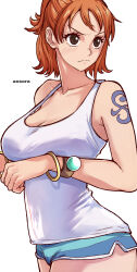Rule 34 | 1girl, aosora2823, armpit crease, artist name, blue shorts, blush, bracelet, breasts, brown eyes, cleavage, commentary request, half updo, highres, jewelry, large breasts, nami (one piece), one piece, orange hair, shirt, short hair, short shorts, shorts, simple background, sleeveless, sleeveless shirt, solo, tattoo, white background, white shirt