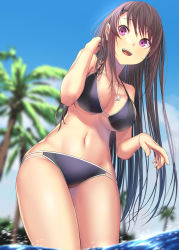 Rule 34 | 1girl, ao no kanata no four rhythm, bikini, black bikini, black hair, blue sky, blurry, blurry background, breasts, cleavage, cloud, commentary request, cowboy shot, from behind, highres, jewelry, large breasts, leaning to the side, long hair, looking at viewer, necklace, palm tree, purple eyes, sky, soaking feet, solo, swimsuit, tobisawa misaki, tree, water, zombie mogura