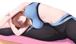 Rule 34 | 1girl, aketa mikoto, alternate costume, armpits, blue sports bra, blush, breasts, brown hair, commentary request, gradient hair, highres, holding own arm, idolmaster, idolmaster shiny colors, kirou (kiruyuu1210), large breasts, mat, multicolored hair, navel, pants, solo, sports bra, spread legs, stretching, two-tone pants, yoga pants