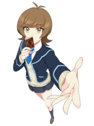 Rule 34 | 1girl, black skirt, black socks, blue necktie, brown eyes, brown hair, card, cardigan, covering own mouth, foreshortening, full body, highres, loafers, long sleeves, looking at viewer, miniskirt, necktie, reaching, reaching towards viewer, school swimsuit, shoes, short hair, skirt, socks, solo, sweater, swept bangs, swimsuit, transparent background, waste-man, yu-gi-oh!, yu-gi-oh! vrains, yuu-gi-ou, yuu-gi-ou vrains, zaizen aoi