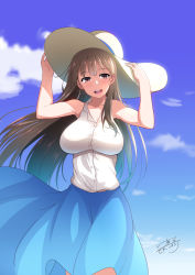 Rule 34 | 10s, 1girl, :d, adjusting clothes, adjusting headwear, artist name, blue skirt, blue sky, breasts, brown eyes, brown hair, c.r., cloud, day, hands up, hat, highres, large breasts, long hair, looking at viewer, onee-san (penguin highway), open mouth, penguin highway, shirt, skirt, sky, smile, solo, standing, sun hat, very long hair, white hair, white shirt