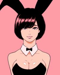 Rule 34 | 1girl, animal ears, aqua background, arms at sides, bare shoulders, black bow, black bowtie, black eyes, black hair, blue nails, blunt bangs, blunt ends, bob cut, bow, bowtie, breasts, cleavage, closed mouth, collarbone, commentary request, detached collar, fake animal ears, fingernails, hairband, hand up, jab (jab 0901), large breasts, leotard, looking at viewer, nail polish, original, pink background, playboy bunny, rabbit ears, short hair, simple background, solo, strapless, strapless leotard, swept bangs, traditional bowtie, upper body