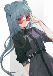 1girl :d alternate_costume animal_ears arknights arm_behind_back bear_ears belt blue_hair dress dutch_angle grey_background grey_dress hand_up highres hongbaise_raw istina_(arknights) long_hair looking_at_viewer open_mouth red-tinted_eyewear round_eyewear short_sleeves smile solo sunglasses tinted_eyewear two-tone_background upper_body white_background