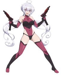 Rule 34 | 1girl, absurdres, ahoge, bare shoulders, blush, breasts, chuunioniika, collarbone, covered navel, full body, gun, highres, large breasts, leotard, long hair, looking at viewer, open mouth, purple eyes, senki zesshou symphogear, silver hair, simple background, smile, solo, standing, thighhighs, transparent background, twintails, weapon, yukine chris