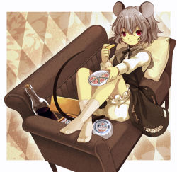Rule 34 | 1girl, :&lt;, animal ears, bad id, bad pixiv id, bloomers, cheese, couch, crossed legs, feet, female focus, food, full body, grey hair, jewelry, kondou (dioptrie), lying, mouse ears, mouse tail, nazrin, pendant, red eyes, short hair, socks, solo, tail, touhou, underwear
