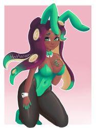 Rule 34 | 1girl, alternate costume, animal ears, artist name, bare shoulders, black pantyhose, blush, border, breasts, cephalopod eyes, closed mouth, covered navel, dark-skinned female, dark skin, fake animal ears, female focus, full body, gradient background, gradient hair, green eyes, green footwear, green hair, green leotard, hand on own chest, hand up, happy, high heels, highres, kneeling, large breasts, leotard, long hair, looking at viewer, marina (splatoon), mezmaroon, mole, mole under mouth, multicolored hair, nintendo, octoling, pantyhose, pink background, playboy bunny, purple hair, rabbit ears, shoes, signature, simple background, smile, solo, splatoon (series), splatoon 2, strapless, strapless leotard, tareme, tentacle hair, tentacles, white border, wrist cuffs