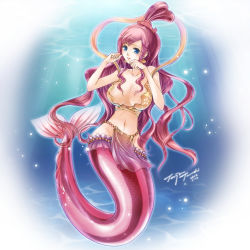 Rule 34 | 1girl, bare arms, bare shoulders, bikini, bikini top only, blue eyes, blush, breasts, closed mouth, collarbone, earrings, fins, fish tail, full body, groin, hair rings, jewelry, large breasts, loincloth, long hair, looking at viewer, mermaid, monster girl, navel, one piece, pelvic curtain, pink hair, shell, shell earrings, shirahoshi, sidelocks, solo, stomach, swimsuit, tail, tenjou tsuki, underwater, very long hair