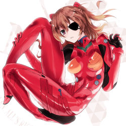 Rule 34 | 1girl, bad id, bad pixiv id, bodysuit, bracer, breasts, brown hair, duct tape, english text, eyepatch, fetal position, full body, gloves, hair ornament, hand on leg, highres, light brown hair, logo, long hair, long legs, looking at viewer, neon genesis evangelion, nerv, parted lips, plantar flexion, plugsuit, purple eyes, rebuild of evangelion, red bodysuit, shengkong (prank), shiny clothes, sixingcao, solo, souryuu asuka langley, turtleneck, two side up
