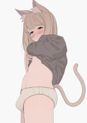 Rule 34 | 1boy, absurdres, akaihoppe, animal ears, black sweater, blush, brown eyes, bulge, cat boy, cat ears, cat tail, clothes lift, crossdressing, highres, lifting own clothes, light brown hair, long hair, looking at viewer, male focus, original, panties, pink nails, simple background, sweater, sweater lift, tail, trap, underwear, white background, white panties