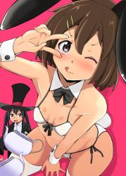 Rule 34 | 2girls, alice in wonderland, animal ears, bikini, black hair, black headwear, bow, bowtie, breasts, brown eyes, brown hair, bunny girl, cosplay, detached collar, formal, hat, highres, hirasawa yui, k-on!, leaning forward, long hair, mad hatter (alice in wonderland), mad hatter (alice in wonderland) (cosplay), march hare (cosplay), march hare (wonderland), multiple girls, nakano azusa, one eye closed, open mouth, pink background, rabbit ears, rabbit tail, round teeth, sasaki bullet, short hair, side-tie bikini bottom, simple background, sitting, small breasts, solo focus, suit, swimsuit, tail, tea set, teeth, tongue, tongue out, top hat, twintails, upper teeth only, v over eye, white bikini, wrist cuffs