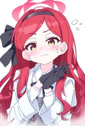 Rule 34 | 1girl, absurdres, black gloves, black hairband, blue archive, blush, closed mouth, collared shirt, gloves, hairband, halo, hanozuku, highres, long hair, long sleeves, looking at viewer, red hair, red halo, shirt, simple background, solo, takane (blue archive), white background, white shirt, yellow eyes