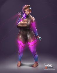 Rule 34 | 1girl, barefoot, breasts, brown hair, cleavage, cleavage cutout, clothing cutout, curvy, dark-skinned female, dark skin, feet, female focus, full body, gradient hair, large breasts, multicolored hair, nail polish, overwatch, overwatch 1, pinkdrawz, plump, purple hair, solo, sombra (overwatch), standing, thick thighs, thighs, wide hips