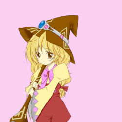 Rule 34 | 1girl, beryl benito, blonde hair, brown eyes, brush, hat, long hair, pink background, ribbon, tales of (series), tales of hearts, wide sleeves, witch hat