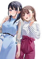 Rule 34 | 2girls, black hair, blue dress, blue eyes, blush, breasts, brown hair, chigusa minori, closed mouth, commentary request, corrupted twitter file, cover, cover image, dress, frilled shirt, frills, hair ornament, hairclip, half updo, hand up, highres, holding another&#039;s arm, large breasts, long sleeves, looking at another, looking at viewer, medium hair, multiple girls, novel illustration, official art, open mouth, pants, polka dot, polka dot shirt, purple eyes, purple pants, see-through, see-through sleeves, shirt, shirt tucked in, short hair, simple background, smile, sweatdrop, textless version, turtleneck, watashi no yuri mo eigyoda to omotta?, white background, white shirt, yuri