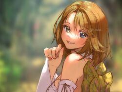 Rule 34 | 1girl, asymmetrical hair, back bow, bare shoulders, blue eyes, blurry, blurry background, bow, breasts, brown hair, detached sleeves, final fantasy, final fantasy x, green eyes, hair between eyes, hand to own mouth, heterochromia, highres, japanese clothes, light blush, long sleeves, looking at viewer, looking back, medium breasts, medium hair, nexeee, nontraditional miko, parted lips, shirt, sleeveless, sleeveless shirt, smile, solo, twitter username, upper body, white shirt, wide sleeves, yuna (ff10)