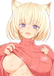 Rule 34 | 1girl, animal ears, blonde hair, breasts, cat ears, clothes lift, covered erect nipples, facial mark, fang, fangs, large breasts, lifting own clothes, long sleeves, looking at viewer, makabe gorou, open mouth, original, purple eyes, ribbed sweater, shirt lift, short hair, simple background, smile, solo, sweat, sweater, sweater lift, underboob, upper body, white background
