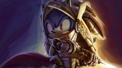 Rule 34 | 1boy, absurdres, armor, artist name, blue fur, caliburn (sonic), cape, excalibur sonic, gauntlets, helmet, highres, lazerpotaters, light, light rays, looking to the side, male focus, pointy nose, red eyes, serious, signature, solo, sonic (series), sonic and the black knight, sonic the hedgehog, spiked hair, sword, weapon