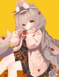 Rule 34 | 1girl, :o, animal ear fluff, animal ears, autumn leaves, belt, black dress, blush, bow, brown dress, brown eyes, brown hair, brown jacket, cardigan, dress, feet out of frame, fox ears, grey hair, hair between eyes, hairband, hand on own cheek, hand on own face, hands up, hatosasami, highres, holding, holding leaf, jacket, leaf, light brown hair, long hair, long sleeves, looking at viewer, maple leaf, open cardigan, open clothes, open jacket, original, parted lips, plaid, puffy long sleeves, puffy sleeves, red bow, short eyebrows, simple background, sitting, sleeves past wrists, solo, squirrel (jjjjmmn err), tail, thick eyebrows, very long hair, watermark, yellow background