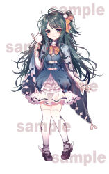 Rule 34 | 1girl, absurdres, akira (ying), animal, animal on hand, bird, black footwear, blue jacket, bow, closed mouth, copyright request, dress, full body, green eyes, green hair, hair bow, hand up, highres, jacket, long hair, long sleeves, looking at viewer, one side up, orange bow, pigeon-toed, sample watermark, shoes, simple background, sleeves past wrists, smile, solo, standing, thighhighs, very long hair, watermark, white background, white dress, white thighhighs