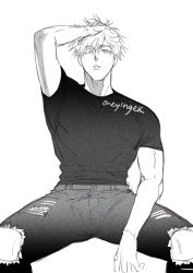 Rule 34 | 1boy, commentary, denim, gojou satoru, greyscale, hair between eyes, hand in own hair, invisible chair, jeans, jujutsu kaisen, looking at viewer, male focus, monochrome, one eye closed, onegingek, pants, parted lips, shirt, short sleeves, signature, simple background, sitting, solo, symbol-only commentary, torn clothes, torn jeans, torn pants
