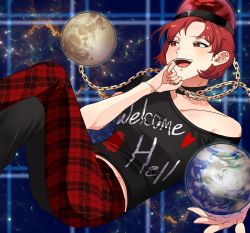 Rule 34 | 10000 we, 1girl, :d, absurdres, adapted costume, alternate hair length, alternate hairstyle, black choker, black shirt, chain, choker, clothes writing, commentary, earth (ornament), english commentary, hecatia lapislazuli, highres, looking at viewer, moon (ornament), off-shoulder shirt, off shoulder, open mouth, pants, plaid, plaid pants, red eyes, red hair, red pants, shirt, short hair, smile, solo, space, t-shirt, touhou