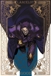Rule 34 | 1boy, armor, cape, closed eyes, fate/grand order, fate (series), gloves, hand on own chest, highres, kaifei (kaifei 29), knights of the round table (fate), lancelot (fate/grand order), male focus, mature male, on one knee, purple armor, purple cape, purple gloves, purple hair, short hair, solo