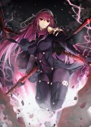 Rule 34 | 1girl, absurdres, armor, bodysuit, breasts, fate/grand order, fate (series), gae bolg (fate), highres, holding, holding polearm, holding weapon, impossible bodysuit, impossible clothes, kometsuburice, long hair, polearm, purple hair, red eyes, scathach (fate), shoulder armor, solo, weapon