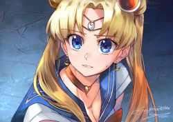 Rule 34 | 1girl, absurdres, bishoujo senshi sailor moon, blonde hair, blue eyes, blue sailor collar, bow, bowtie, breasts, choker, cleavage, crescent, crescent earrings, derivative work, earrings, from side, hair ornament, heart, heart choker, highres, jewelry, meme, parted bangs, parted lips, red bow, red bowtie, red choker, sailor collar, sailor moon, sailor moon redraw challenge (meme), school uniform, screenshot redraw, serafuku, signature, solo, sweatdrop, tiara, tsugeru, tsukino usagi, twintails, upper body