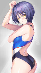 Rule 34 | 1girl, ass, blue hair, breasts, bucchake (asami), commentary request, competition swimsuit, gradient background, grey background, highres, looking at viewer, multicolored clothes, multicolored swimsuit, one-piece swimsuit, original, short hair, small breasts, solo, standing, swimsuit, yellow eyes