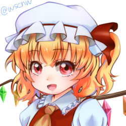 Rule 34 | 1girl, ascot, blonde hair, collared shirt, crystal, flandre scarlet, frilled shirt collar, frills, hat, hat ribbon, highres, looking at viewer, medium hair, mob cap, multicolored wings, one side up, open mouth, puffy short sleeves, puffy sleeves, red eyes, red ribbon, red vest, ribbon, sashimin (sacchan1818), shirt, short sleeves, simple background, solo, touhou, upper body, vest, white background, white hat, wings, yellow ascot