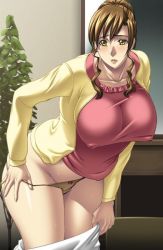 Rule 34 | 1girl, black package, blush, bow, bow panties, breasts, brown hair, cardigan, chair, covered erect nipples, cowboy shot, curvy, desk, embarrassed, female focus, game cg, hensai seido, huge breasts, indoors, kneeling, large breasts, leaning forward, legs together, mature female, midou tsukasa, onodera fusae, panties, plant, red bow, solo, sweat, thick thighs, thighs, underwear, undressing, wet, wide hips, yellow cardigan, yellow eyes, yellow panties