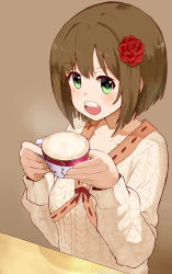Rule 34 | 10s, 1girl, :d, absurdres, blush, brown background, brown hair, collarbone, cup, fang, flower, foam mustache, green eyes, hair flower, hair ornament, highres, holding, idolmaster, idolmaster cinderella girls, long sleeves, looking at viewer, maekawa miku, md5 mismatch, okitsugu, open mouth, ribbon-trimmed clothes, ribbon trim, short hair, simple background, smile, solo, table, teacup