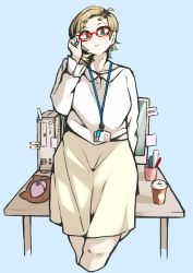 Rule 34 | 1girl, absurdres, adjusting eyewear, beige skirt, blonde hair, blouse, blue background, cocoa fuumi, coffee cup, computer, cup, desk, disposable cup, highres, lanyard, mole, mole on neck, mouse (computer), mousepad (object), office lady, original, red-framed eyewear, sanpaku, shirt, short eyebrows, simple background, skirt, smile, solo, thighs