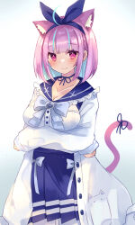 Rule 34 | 1girl, anchor symbol, animal ears, blue choker, blue hair, blue hairband, bob cut, bow, cat ears, cat tail, choker, colored inner hair, commentary request, crossed arms, frilled sailor collar, frills, hairband, highres, hololive, jacket, kurata yumi, looking at viewer, minato aqua, minato aqua (sailor), multicolored hair, official alternate costume, pink hair, purple eyes, ribbon choker, sailor collar, school uniform, short hair, skirt, solo, tail, two-tone hair, virtual youtuber, white background, white jacket