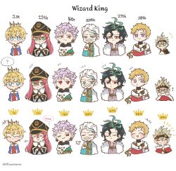 Rule 34 | 1girl, 6+boys, asta (black clover), black clover, black clover: sword of the wizard king, blonde hair, blue eyes, blush stickers, cape, chibi, closed mouth, commentary, conrad leto, crown, edward avalache, fur-trimmed cape, fur trim, green eyes, grey hair, hat, jester garandros, julius novachrono, lumiere silvamillion clover, military hat, multiple boys, open mouth, pink hair, princia funnybunny, purple eyes, purple hair, red eyes, rizaavana, short hair, smile, symbol-only commentary, twitter username, white hair