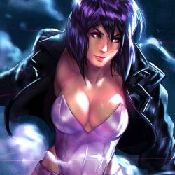 Rule 34 | 1girl, breasts, cleavage, ghost in the shell, ghost in the shell stand alone complex, jacket, kusanagi motoko, large breasts, leotard, purple hair, red eyes, short hair, solo, the art mage