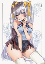 Rule 34 | 1girl, :q, apron, black apron, black panties, blue eyes, blush, bow, breasts, chigasaki yukari, dripping, flower, food, food on face, grey background, grey hair, hair bow, highres, ice cream, ice cream cone, long hair, looking at viewer, medium breasts, original, panties, rose, see-through, side-tie panties, simple background, sitting, solo, thighhighs, tongue, tongue out, twintails, underwear, very long hair, waist apron, white thighhighs, yellow bow
