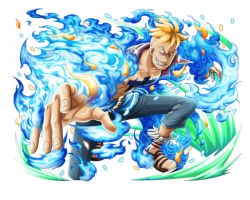 Rule 34 | 1boy, blonde hair, blouse, blue pants, chest tattoo, collarbone, fire, grin, male focus, marco (one piece), on one knee, one piece, one piece treasure cruise, open clothes, open shirt, outstretched arms, pants, purple shirt, shirt, smile, solo, spiked hair, tattoo, transparent background