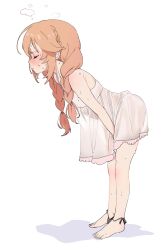 Rule 34 | 1girl, absurdres, barefoot, bent over, black panties, blush, braid, closed eyes, closed mouth, dorontabi, dress, from side, highres, long hair, orange hair, panties, panties around ankles, panty pull, princess connect!, profile, see-through, shadow, short dress, simple background, solo, steam, sweat, twintails, underwear, white background, white dress, yuni (princess connect!)