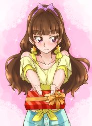 Rule 34 | 1girl, amanogawa kirara, bare shoulders, box, brown hair, casual, chocokin, collarbone, earrings, foreshortening, gift, gift box, giving, go! princess precure, hairband, jewelry, long hair, precure, purple eyes, shorts, solo, star (symbol), star earrings, striped clothes, striped shorts, valentine