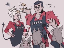 Rule 34 | 1boy, 4girls, aamond, animal ears, apron, armband, black apron, black hair, black tail, black vest, breasts, cerberus (helltaker), closed mouth, collared shirt, demon girl, demon horns, demon tail, dog ears, dog girl, english text, food, food on face, grabbing, grey background, hand on own hip, heart, helltaker, helltaker (character), highres, holding, holding knife, holding plate, horns, knife, long hair, lucifer (helltaker), medium breasts, medium hair, mole, mole under eye, monster girl, multiple girls, open mouth, pancake, plate, red eyes, red shirt, shirt, short hair, siblings, simple background, sisters, sunglasses, sweat, sweatdrop, tail, triplets, upper body, vest, waistcoat, white hair, white horns