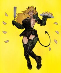 Rule 34 | 1girl, absurdres, apron, black apron, blonde hair, breasts, demon horns, demon tail, dorohedoro, highres, holding, horns, large breasts, long hair, ma2 ereki, nikaidou (dorohedoro), open mouth, red eyes, sideboob, simple background, smile, solo, tail, yellow background