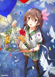 Rule 34 | 1girl, absurdres, balloon, bird, birthday, black thighhighs, bouquet, brown hair, chamu (chammkue), confetti, crescent, flower, from above, green skirt, hair ornament, highres, kantai collection, kisaragi (kancolle), long hair, looking at viewer, looking up, neckerchief, open mouth, pigeon, pleated skirt, purple eyes, ribbon, sailor collar, school uniform, serafuku, shirt, short sleeves, skirt, smile, thighhighs, water, white shirt