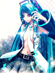 Rule 34 | 1girl, 3d, aqua hair, belt, calne ca (deino), cosplay, deino (deino3330), detached sleeves, gradient background, hair ornament, hatsune miku, hatsune miku (cosplay), headset, highres, long hair, looking at viewer, navel, necktie, open clothes, open shirt, red eyes, shirt, skirt, smile, solo, twintails, very long hair, vocaloid