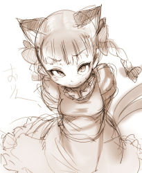 Rule 34 | 1girl, animal ears, ario, arms behind back, braid, cat ears, cat tail, dress, frilled dress, frills, kaenbyou rin, long hair, long sleeves, monochrome, multiple tails, nekomata, puffy long sleeves, puffy sleeves, sepia, simple background, solo, sweat, tail, touhou, twin braids, two tails, white background